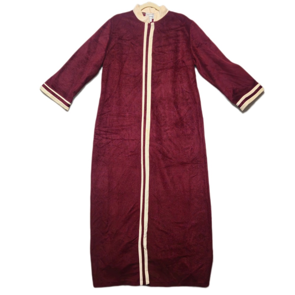 Vintage JCPenney‎ Burgundy Velour Maxi Robe Cream Stripe Button Front Medium USA